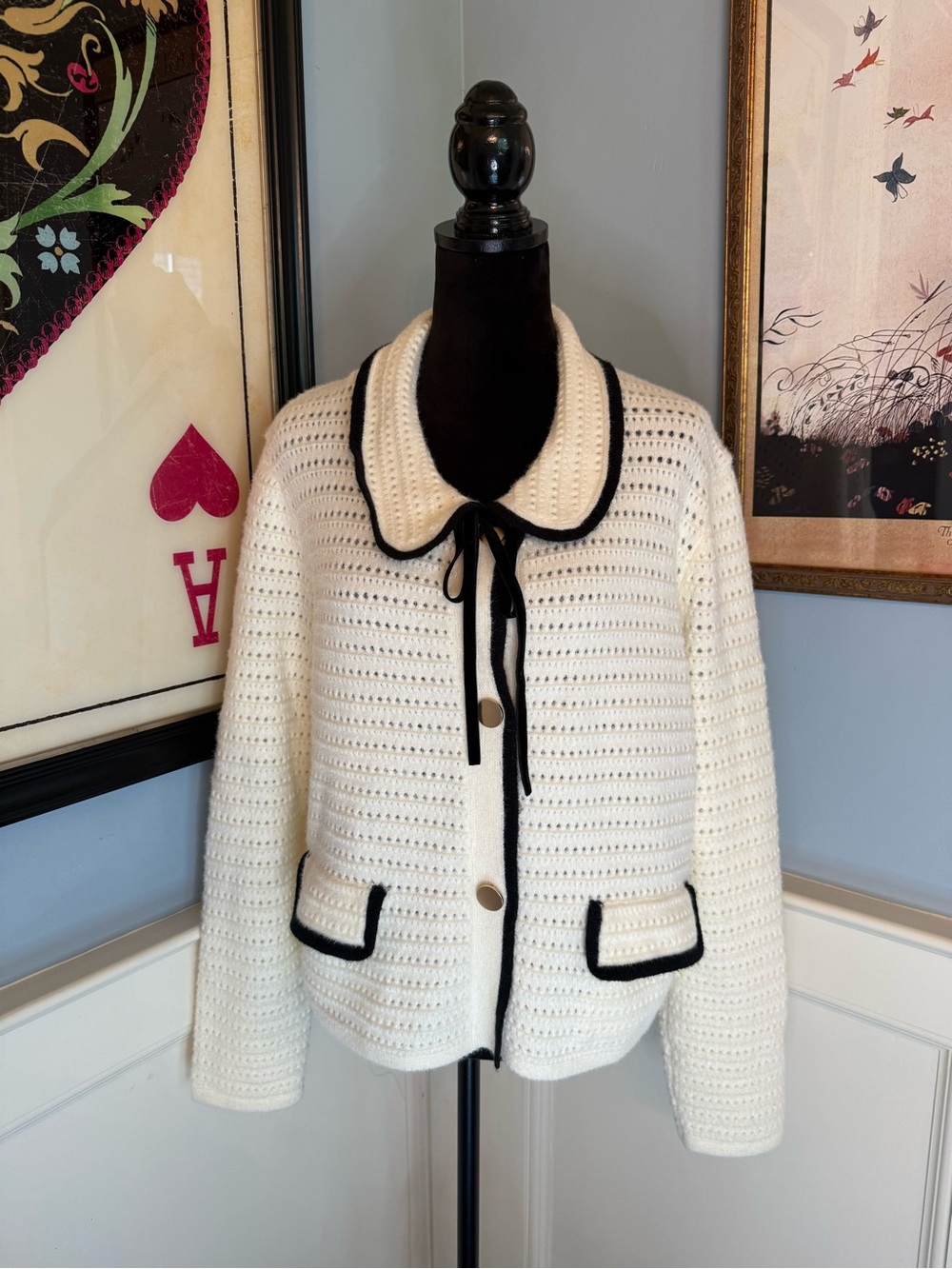 Anthropologie NVLT Crochet Knit White and Black Collared Tie Jacket Cardigan XL